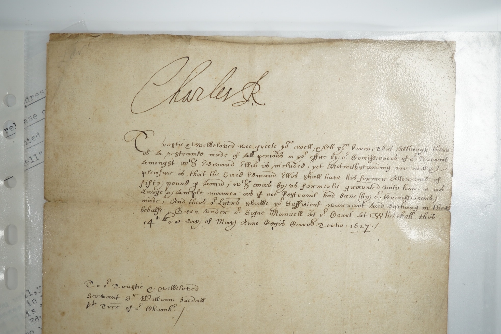 Sign-manual warrant of Charles I to Sir William Uvedale, Treasurer of the Privy Chamber, to restore a pension of £50 to [the king’s cup-bearer] Edward Ellis; Whitehall, 14 May 1627